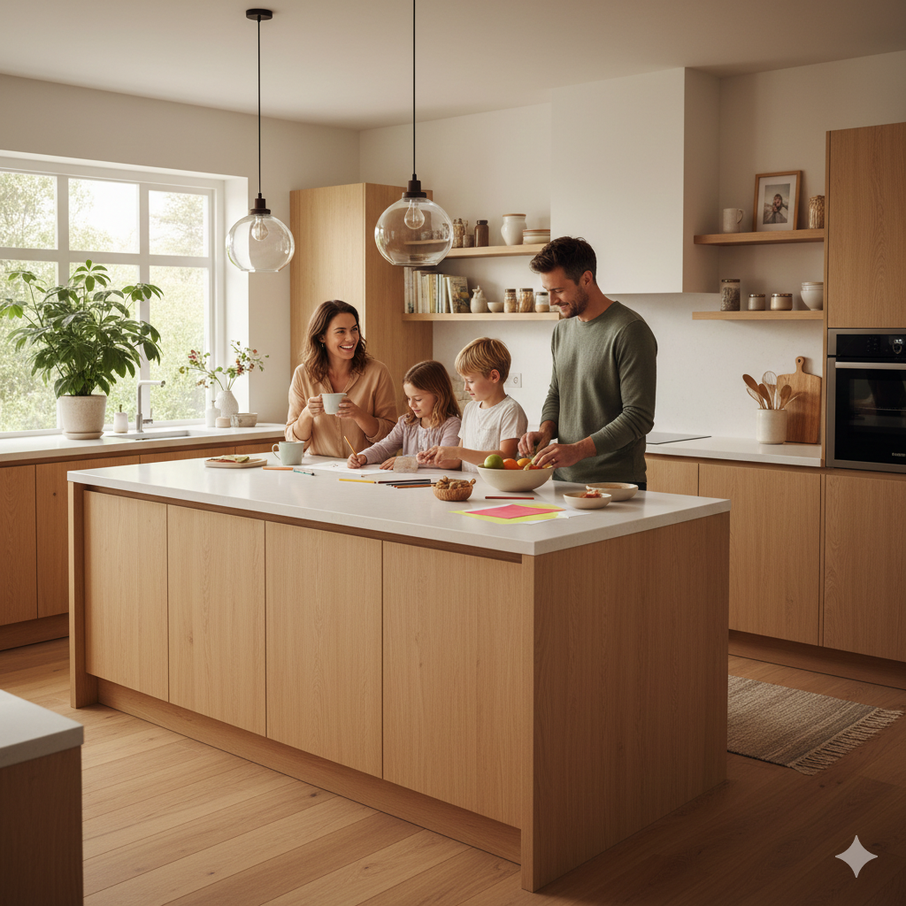 Gezinskeukens voor jou. Een blij gezin in een keuken di perfect bij hun leven past.